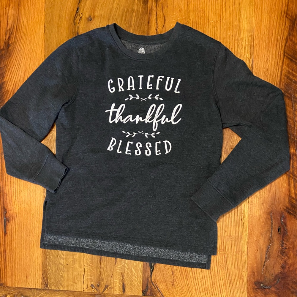 Positive Tees Soft and Cozy Charcoal Gray Sweatshirt, Side Slits, Size Smalll